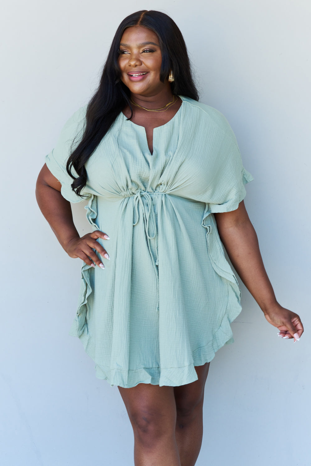 Ninexis Out Of Time Full Size Ruffle Hem Dress with Drawstring Waistband in Light Sage Sale Trendsi Light Sage S 