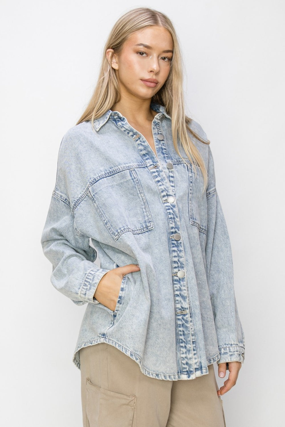 RISEN Button Up Long Sleeve Shacket  Trendsi   