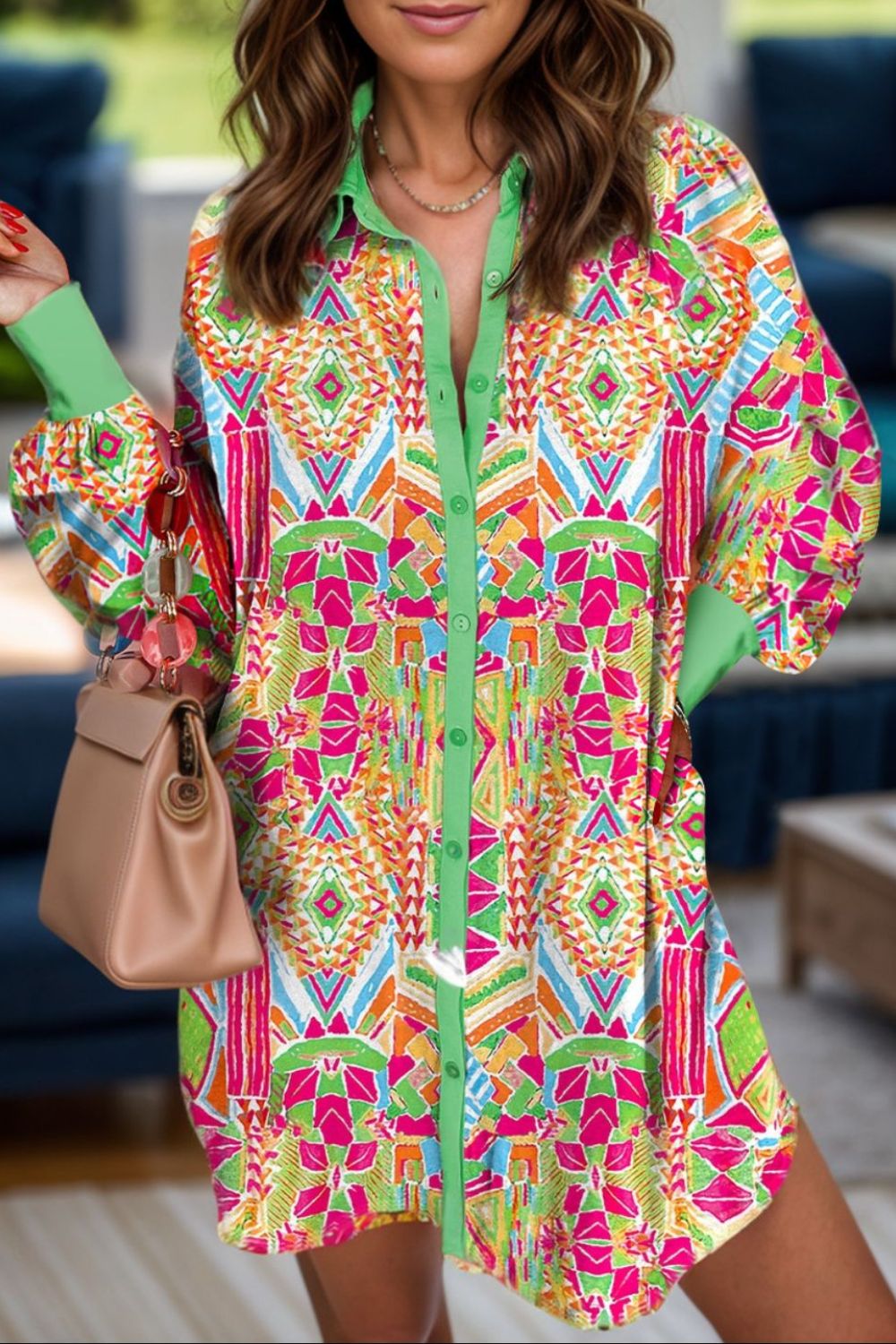 Printed Button Up Long Sleeve Shirt Dress  Trendsi Neon Green S 