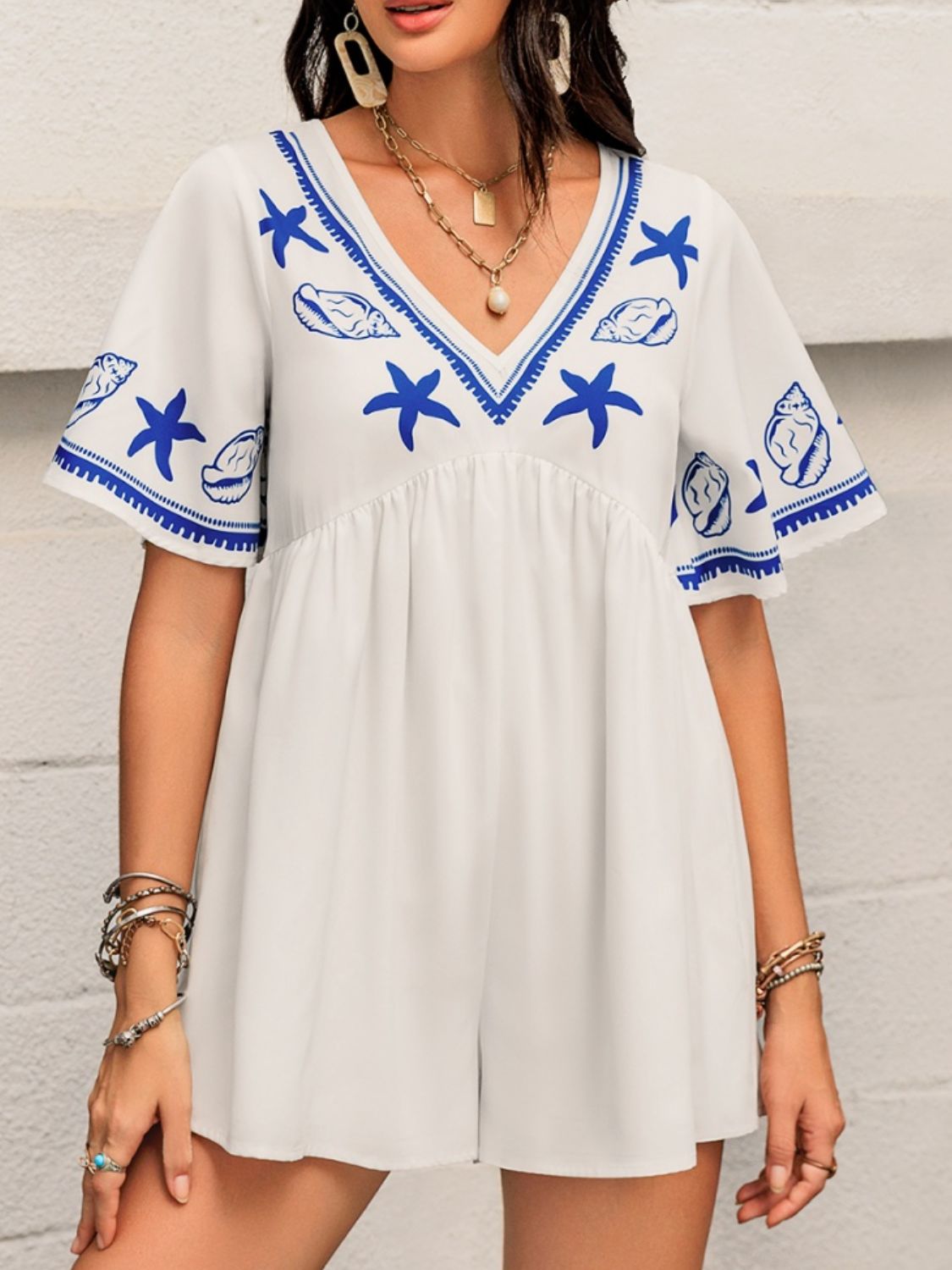 Printed V-Neck Half Sleeve Romper  Trendsi   