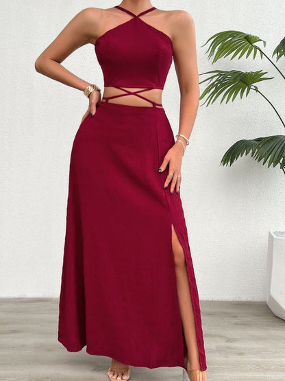 Devine Grecian Neck Top and Slit Skirt Set  Trendsi   