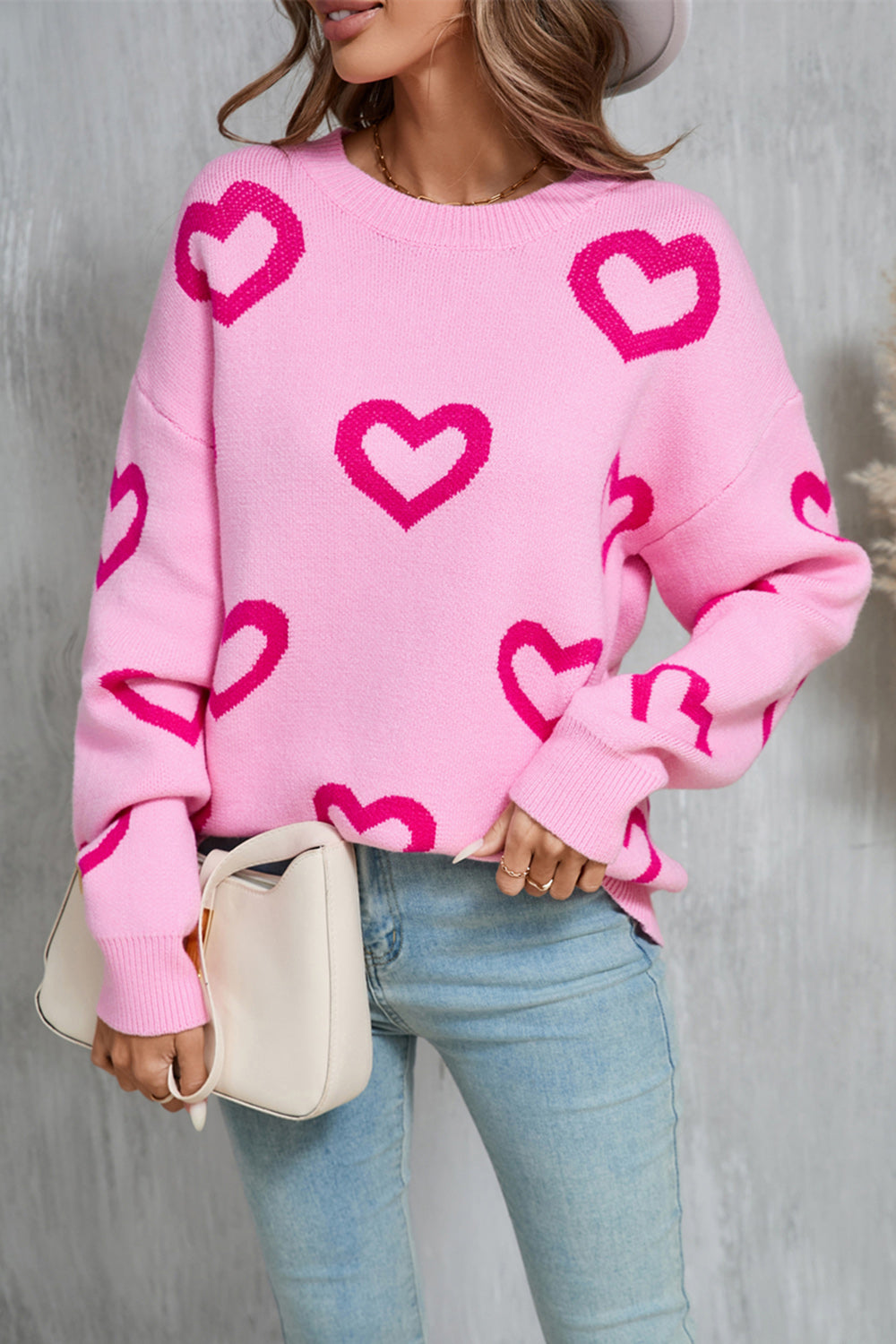 Angel Wings Heart Round Neck Dropped Shoulder Long Sleeve Sweater  Trendsi Fuchsia Pink S 