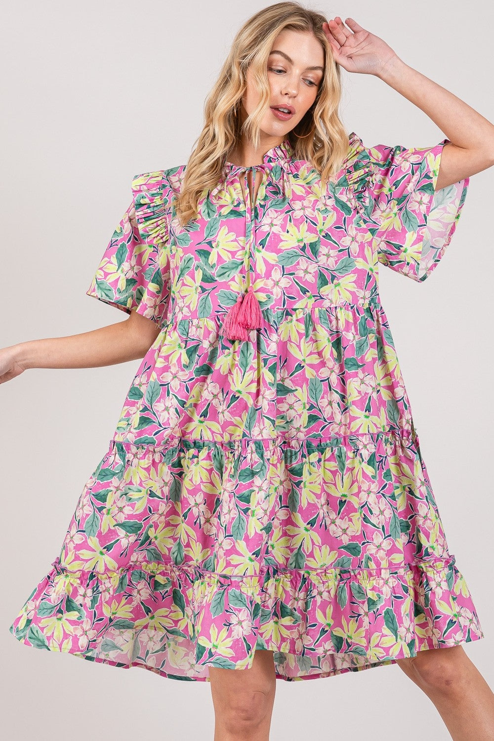 SAGE + FIG Floral Ruffle Short Sleeve Dress  Trendsi Pink S 