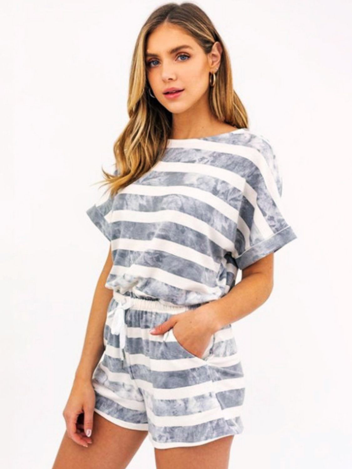 Striped Round Neck Top and Shorts Set  Trendsi Light Gray S 