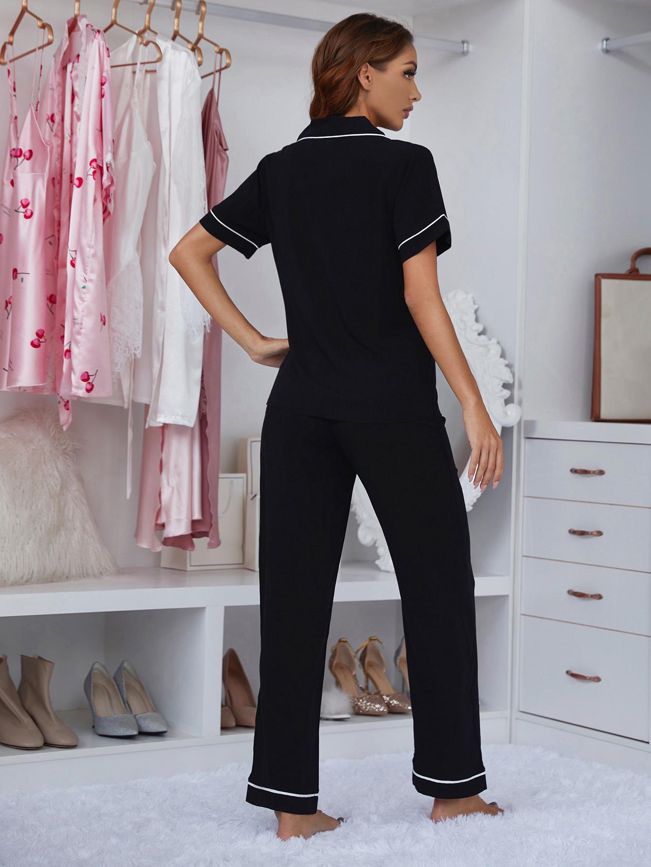 Contrast Piping Lapel Collar Short Sleeve Top and Pants Pajama Set  Trendsi   