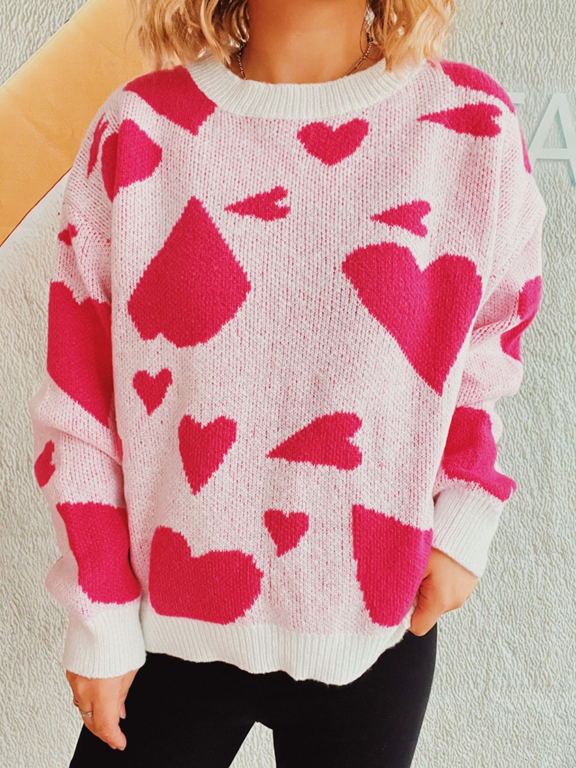 Heart Round Neck Long Sleeve Sweater  Trendsi   