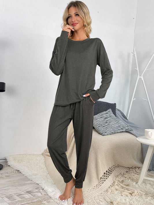 Shiny Round Neck Top and Drawstring Pants Lounge Set  Trendsi Dark Gray S 