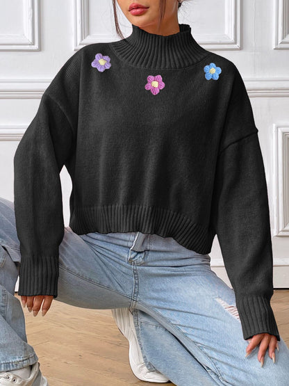 Flower Turtleneck Long Sleeve Sweater