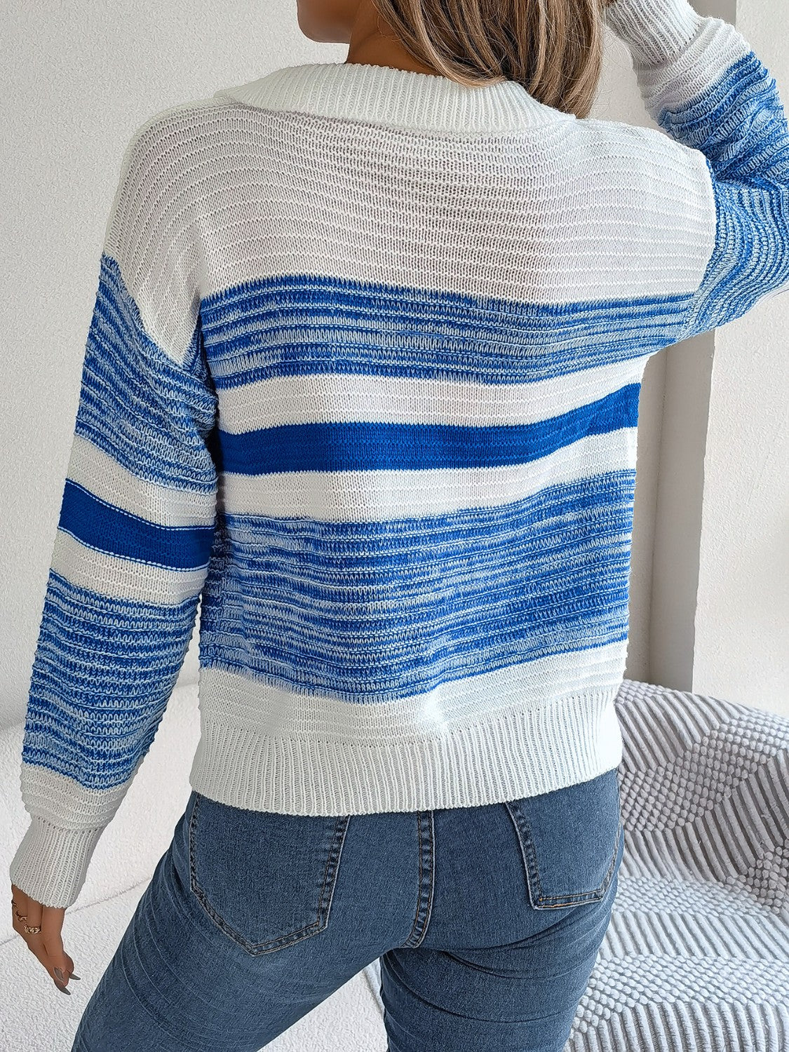 Striped Collared Neck Long Sleeve Sweater  Trendsi   