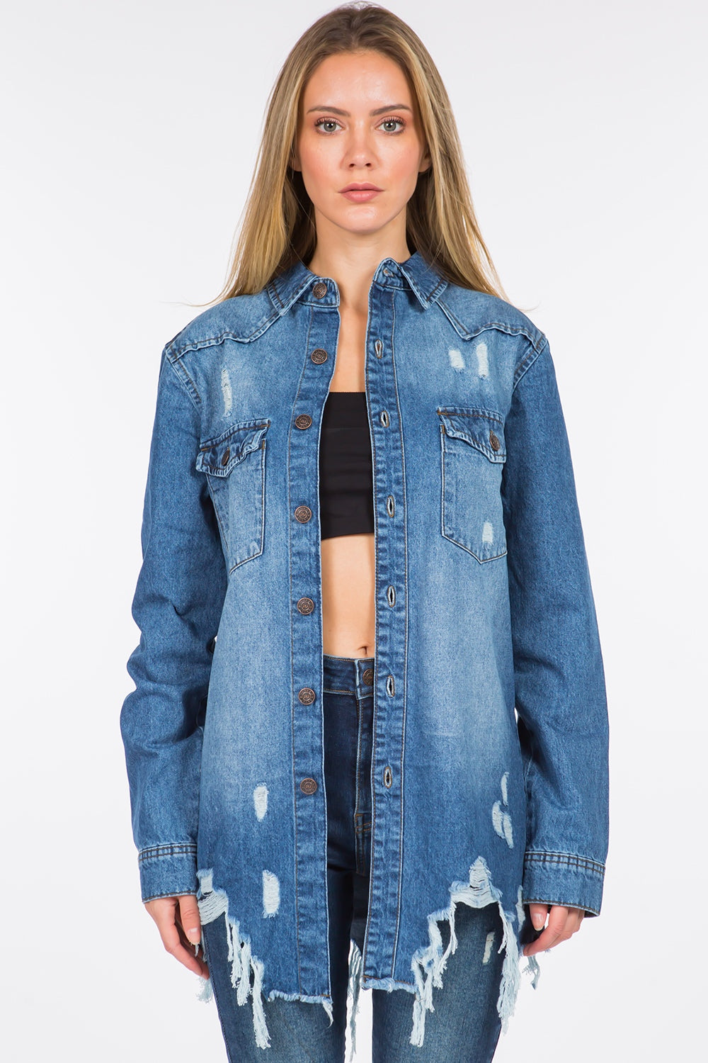 American Bazi Distressed Frayed Hem Denim Jacket  Trendsi Blue S 