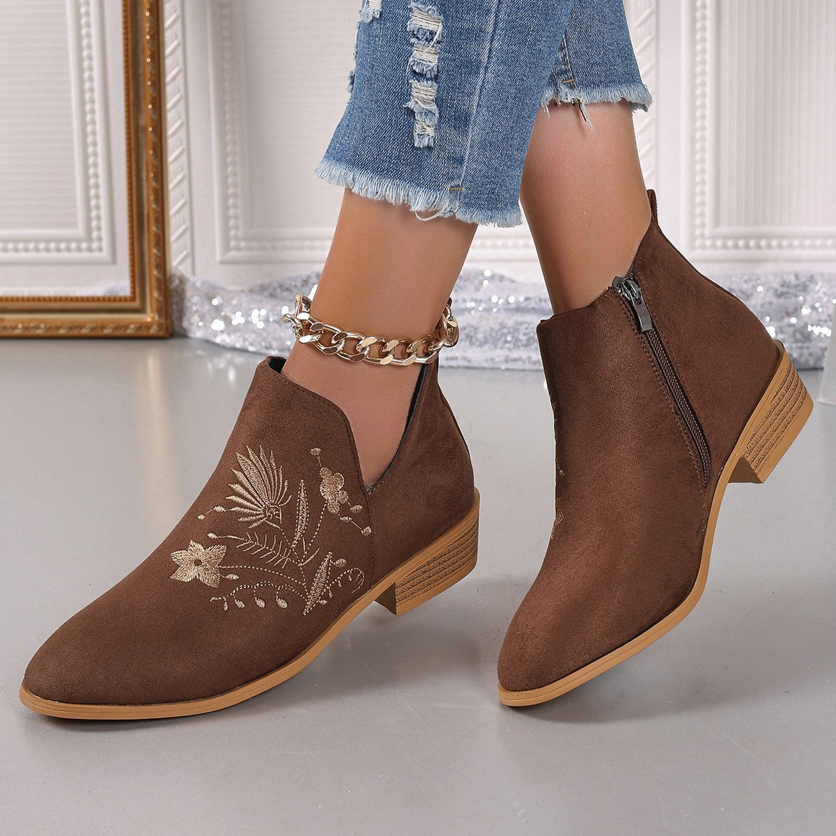 Embroidered Suede Point Toe Block Heel Boots  Trendsi Brown 36(US5) 