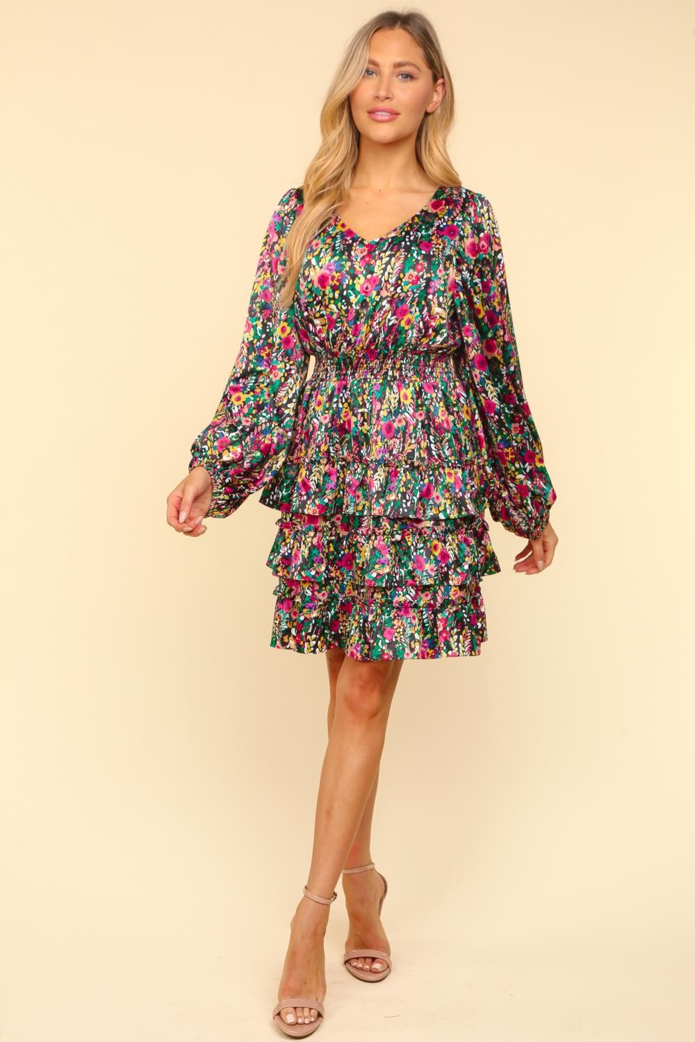 Haptics V-Neck Satin Floral Layered Dress  Trendsi   