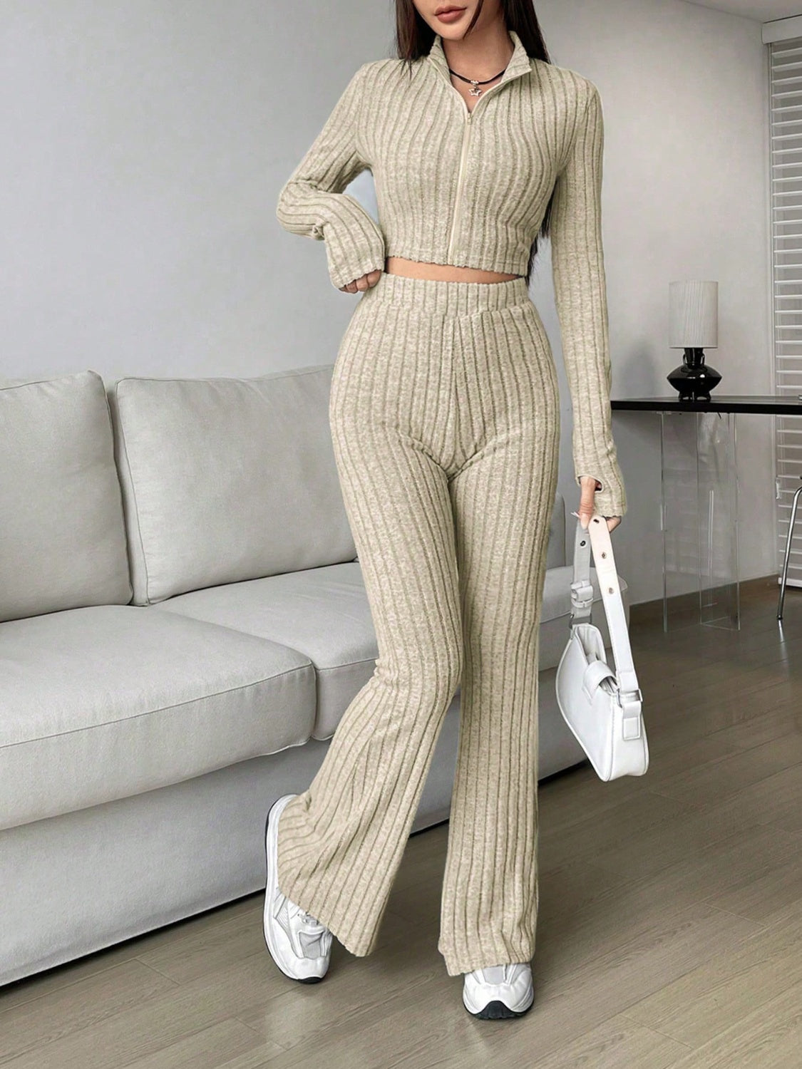 Honey Zip Up Long Sleeve Top and Pants Set  Trendsi   