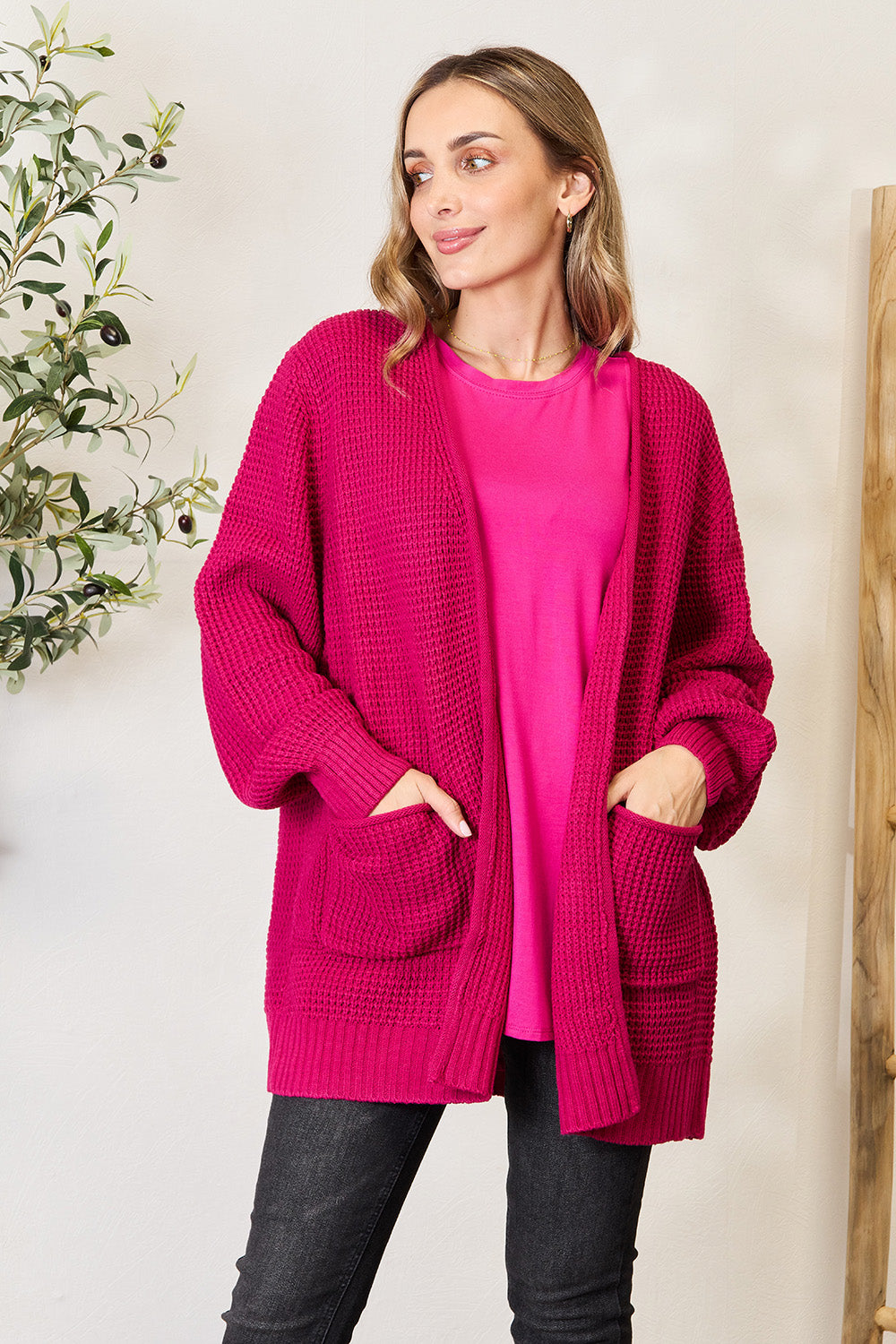 Zenana Full Size Waffle-Knit Open Front Cardigan Sale Trendsi Magenta S 