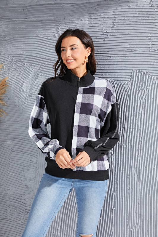 Plaid Exposed Seam Long Sleeve Blouse Blouse Trendsi Black S 