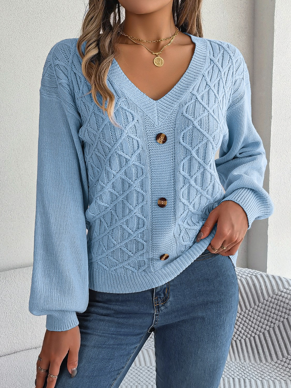 Cable-Knit V-Neck Lantern Sleeve Sweater  Trendsi   