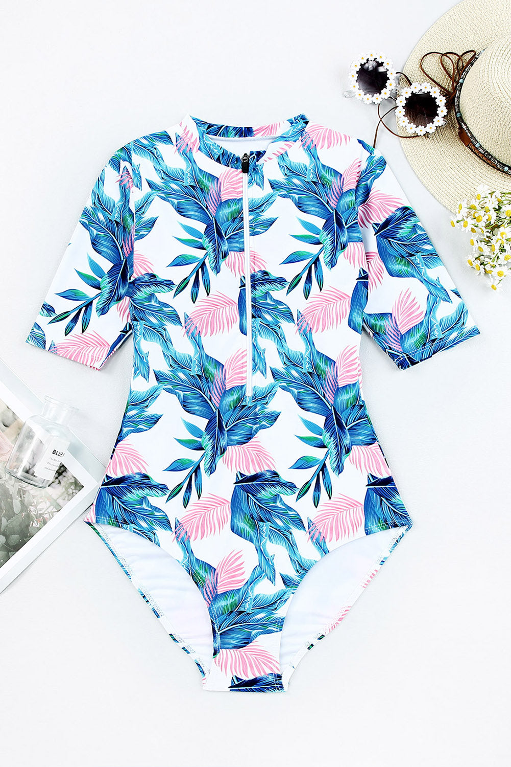 Printed Notched Half Sleeve One-Piece Swimwear  Trendsi   