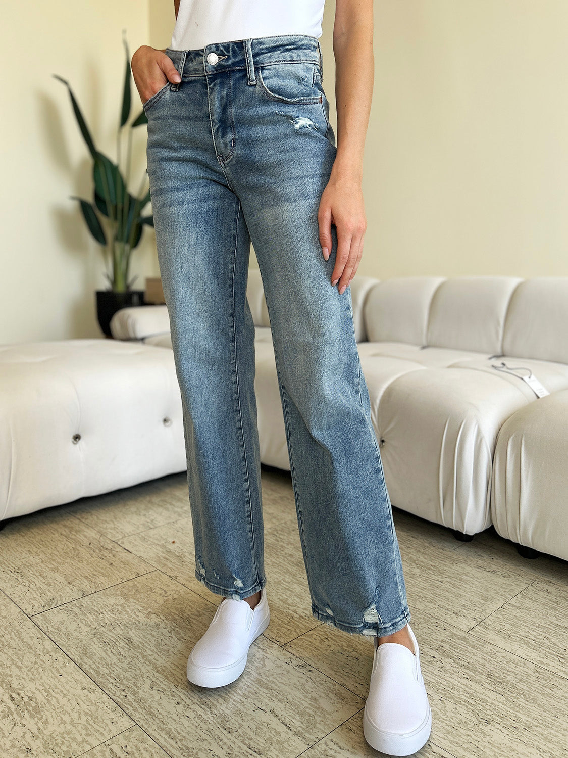 Judy Blue Full Size Mid Rise Distressed Straight Jeans  Trendsi   