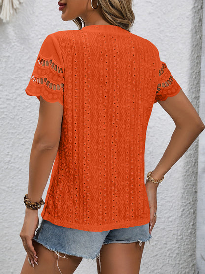 Full Size Eyelet Round Neck Short Sleeve Top Blouse Trendsi Red Orange S 