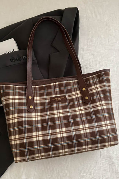 Plaid PU Leather Tote Bag  Trendsi Brown One Size 