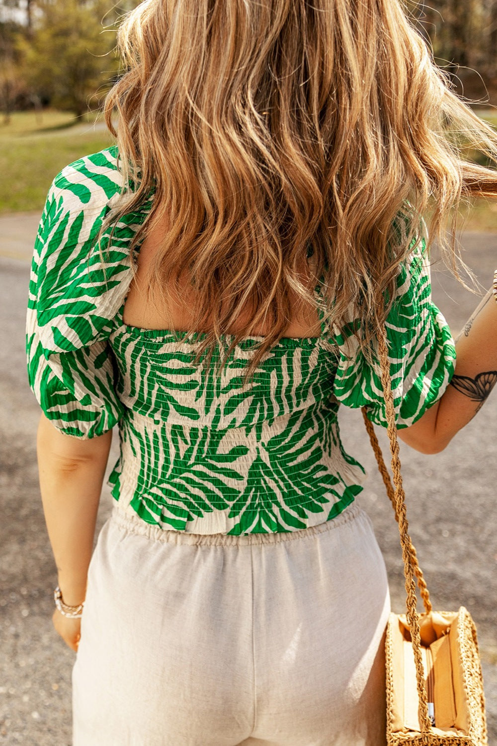 Smocked Printed Short Sleeve Blouse Blouse Trendsi   