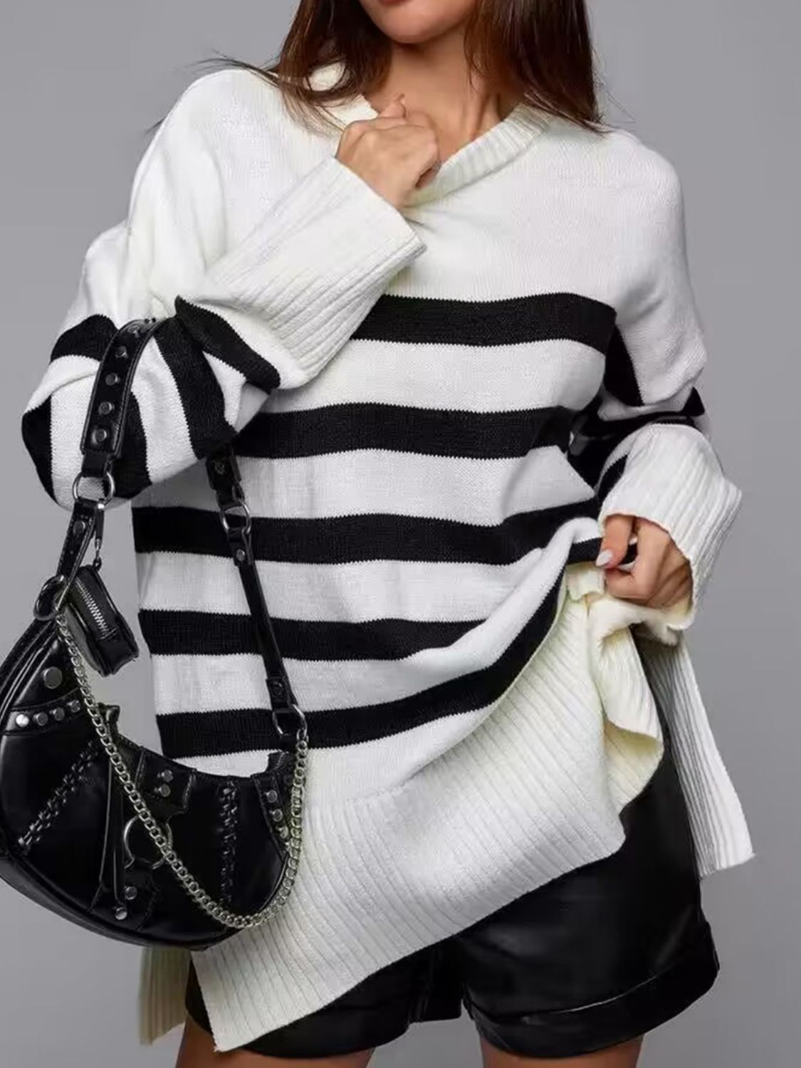 Slit Striped Round Neck Sweater  Trendsi   