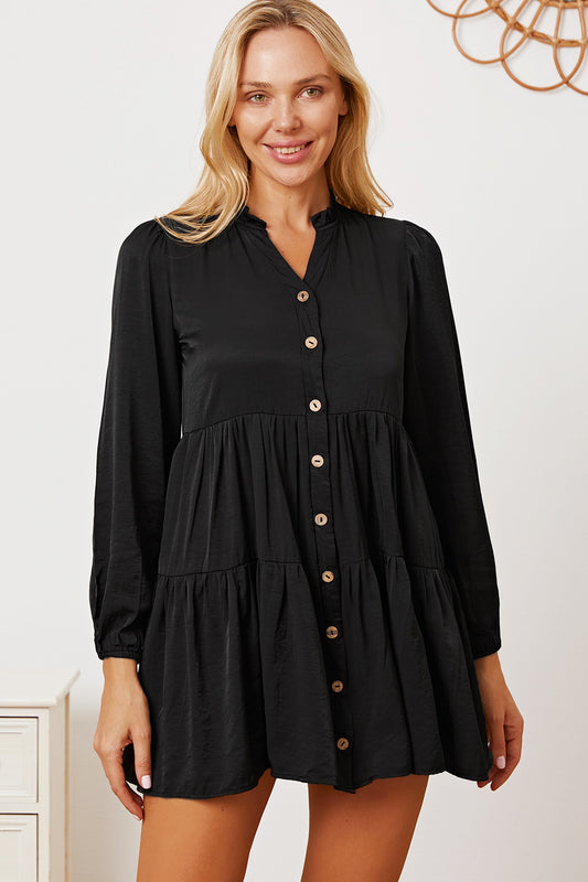 Ruffled Button Up Long Sleeve Tiered Shirt  Trendsi Black XS 