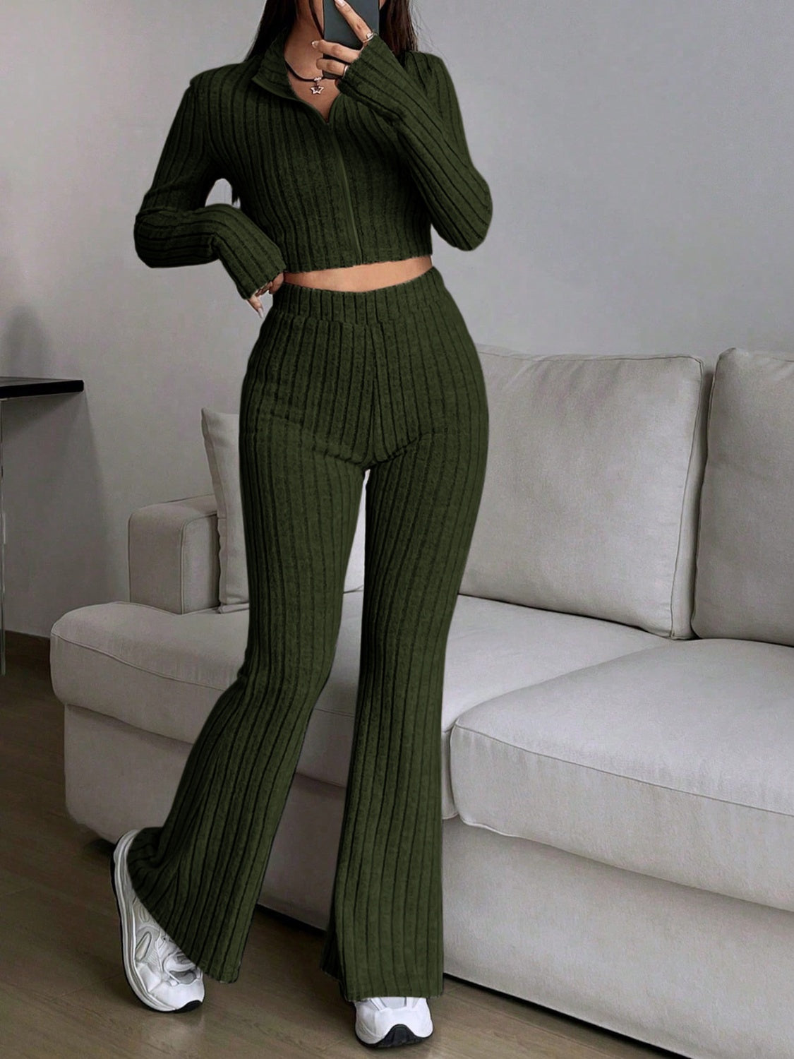 Honey Zip Up Long Sleeve Top and Pants Set  Trendsi   