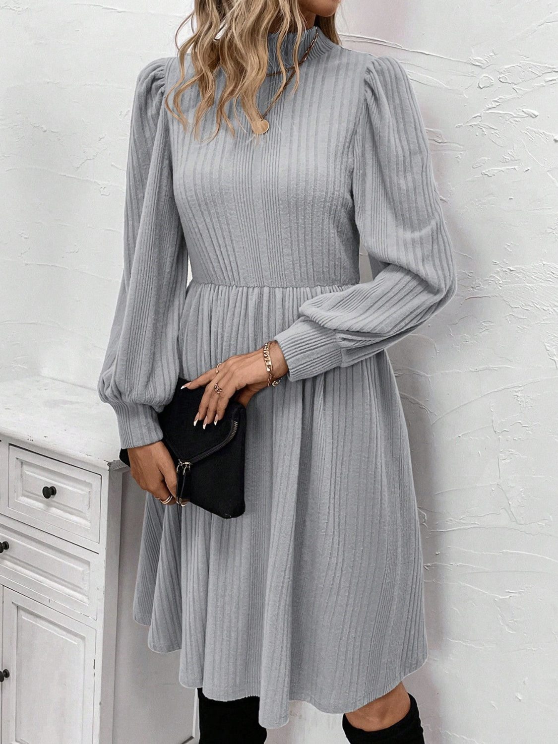 Textured Turtleneck Long Sleeve Dress  Trendsi   