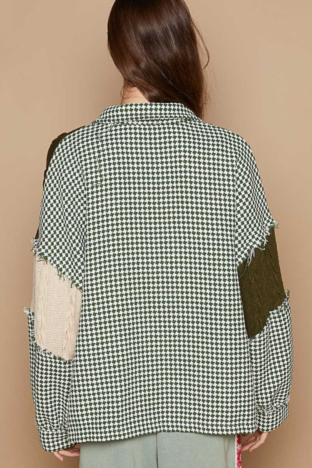 POL Houndstooth Contrast Cable Knit Pocket Shacket  Trendsi   