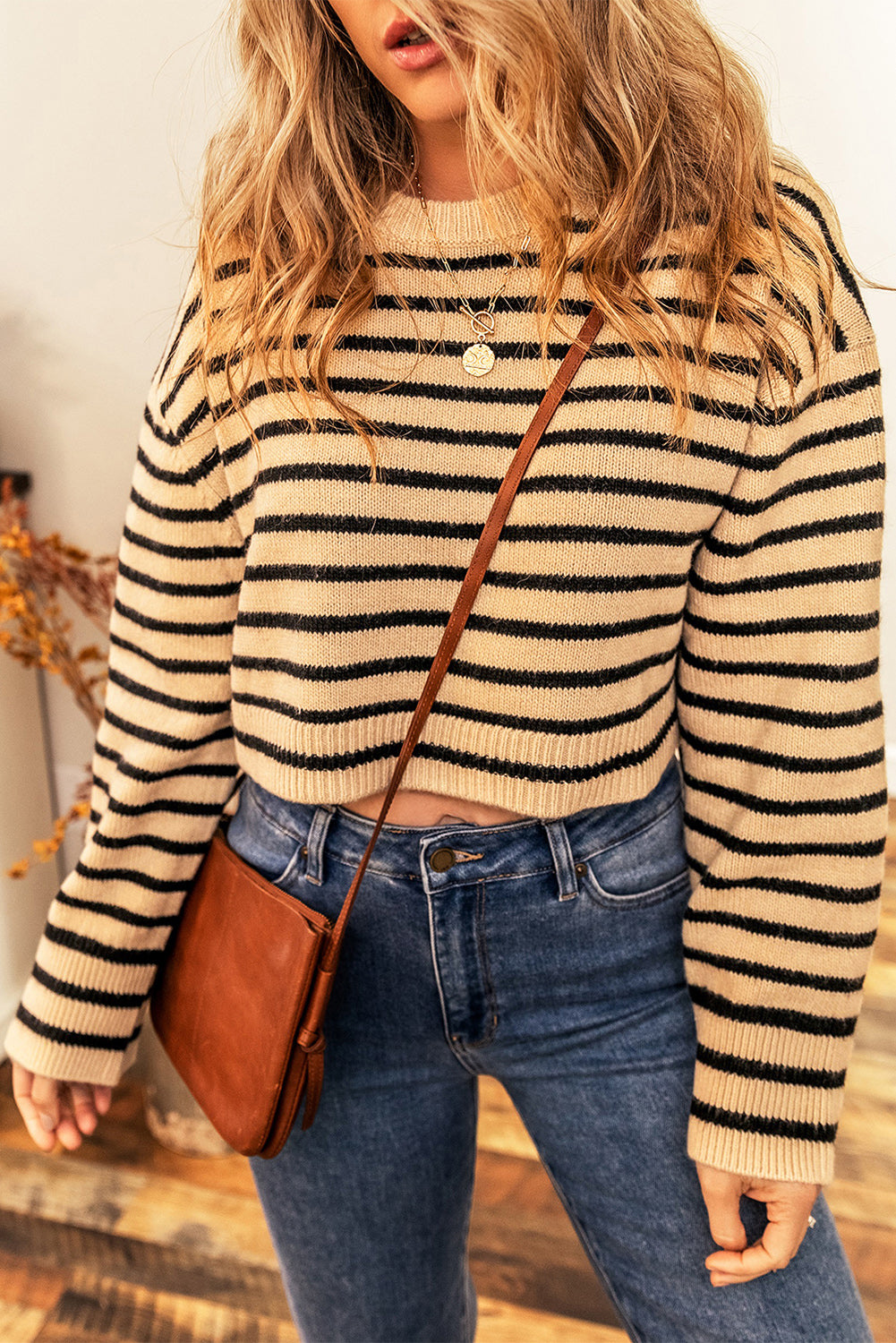 Striped Round Neck Long Sleeve Cropped Sweater  Trendsi Mustard S 