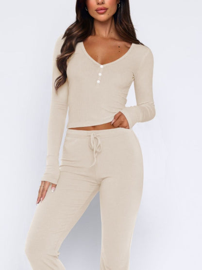 V-Neck Long Sleeve Top and Pants Set  Trendsi   