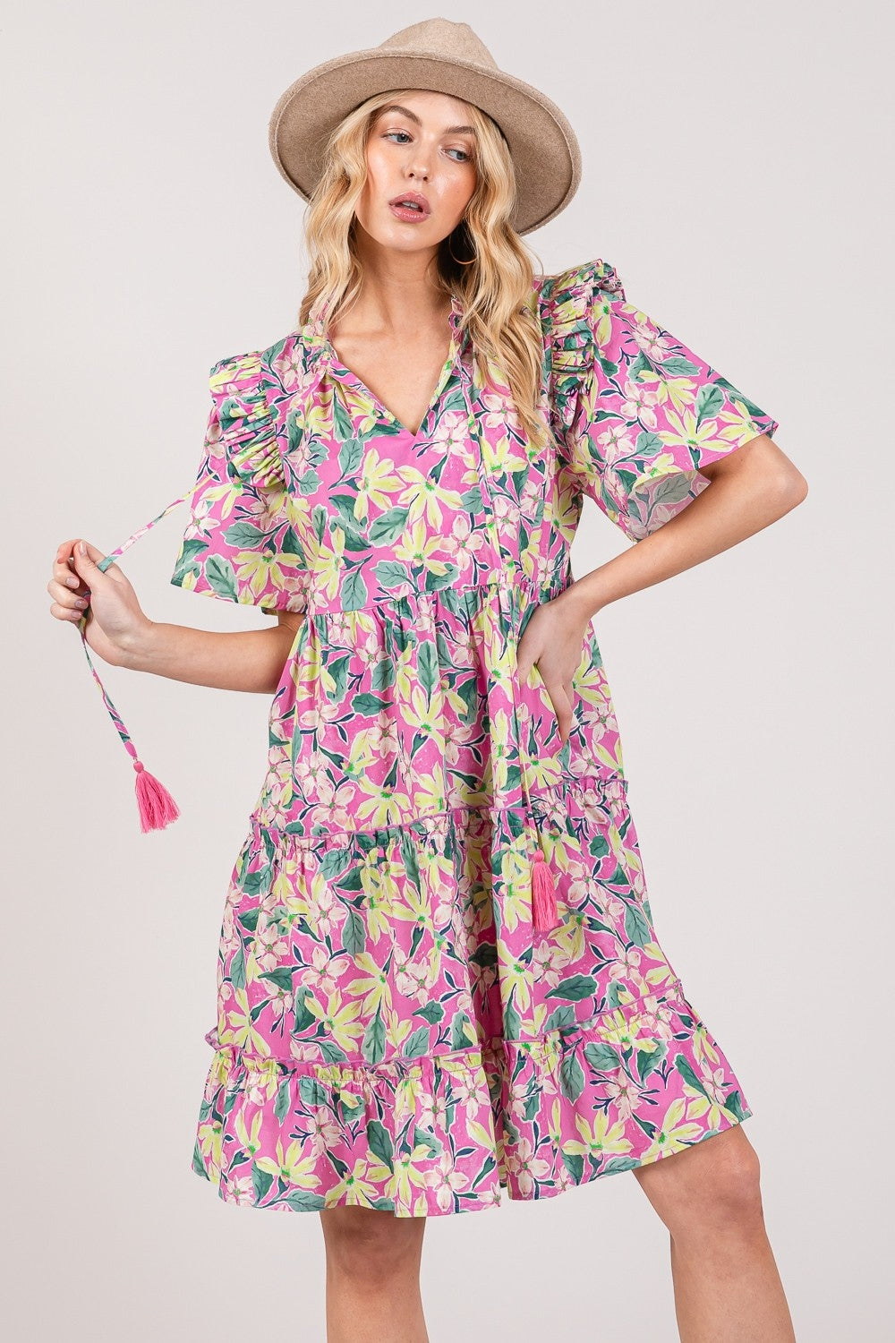 SAGE + FIG Floral Ruffle Short Sleeve Dress  Trendsi   