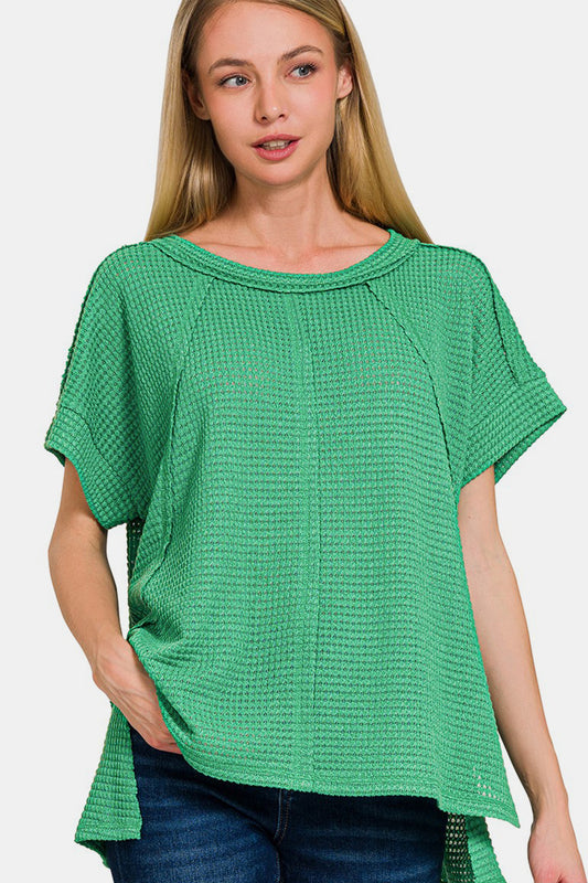 Zenana Waffle Exposed-Seam Short Sleeve T-Shirt  Trendsi K Green S/M 