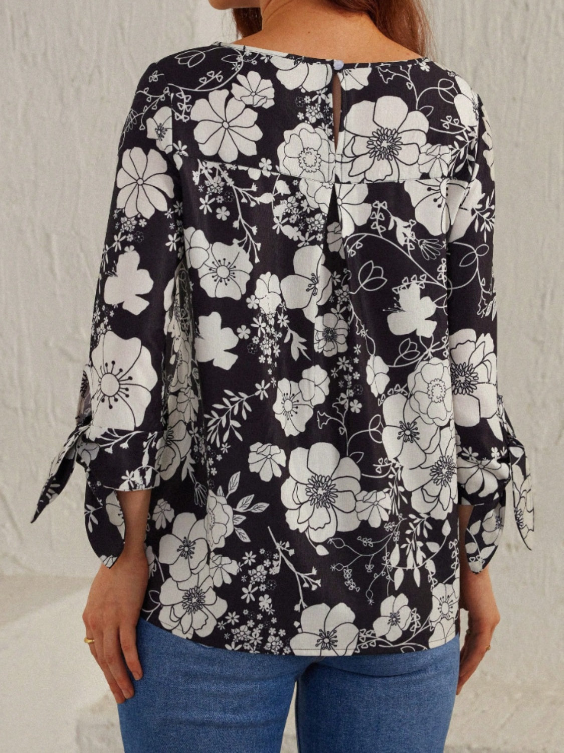 Printed Round Neck Three-Quarter Sleeve Blouse  Trendsi   