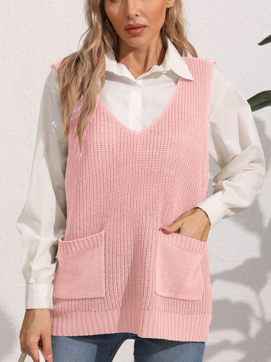 Pocketed V-Neck Sweater Vest  Trendsi   