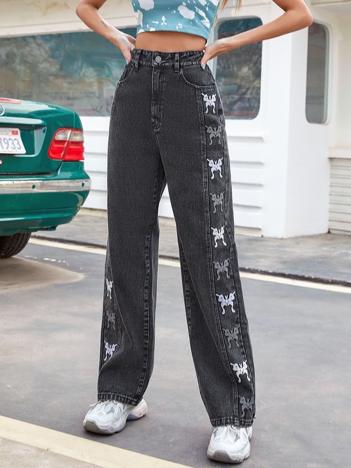 Embroidered Butterfly Jeans with Pockets  Trendsi Black XS 