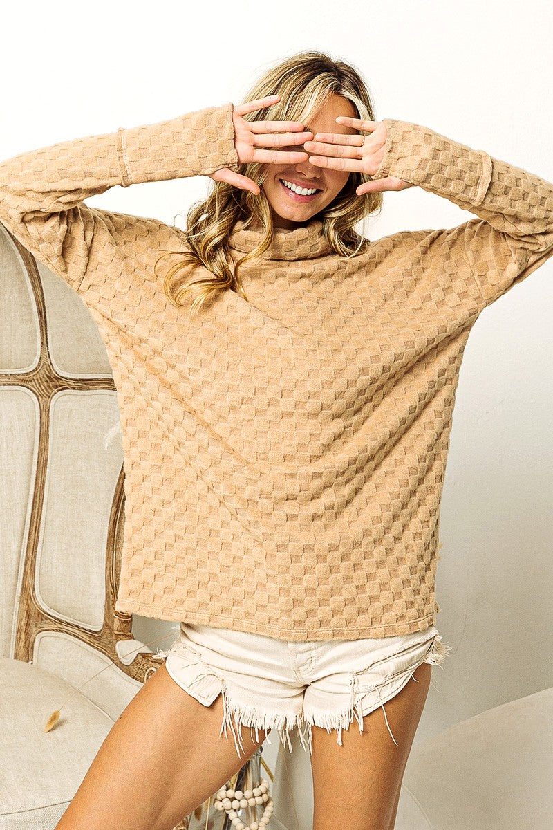 BiBi Checkered Round Neck Thumbhole Long Sleeve Top  Trendsi   