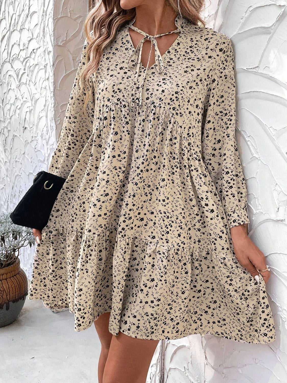 Tied Printed Long Sleeve Mini Dress  Trendsi   