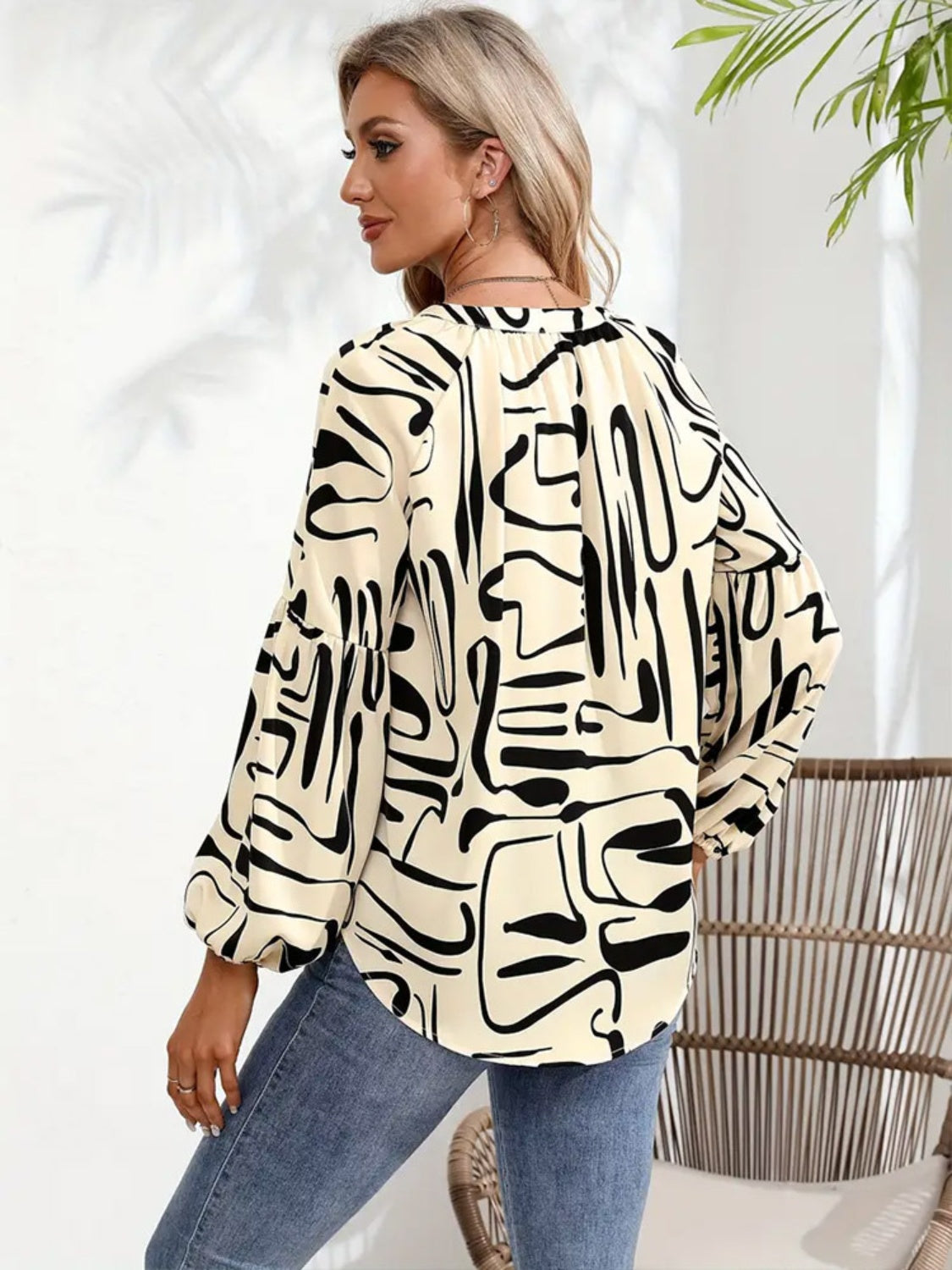 Printed Notched Long Sleeve Blouse  Trendsi   