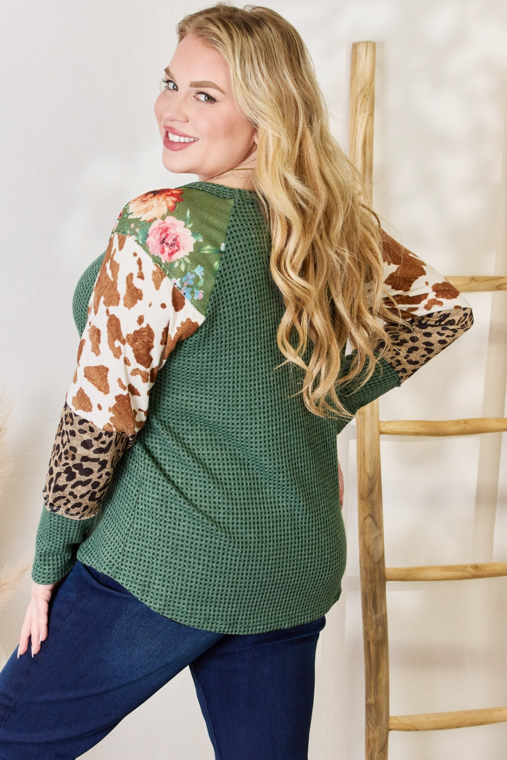 Hailey & Co Full Size Waffle-Knit Leopard Blouse  Trendsi   