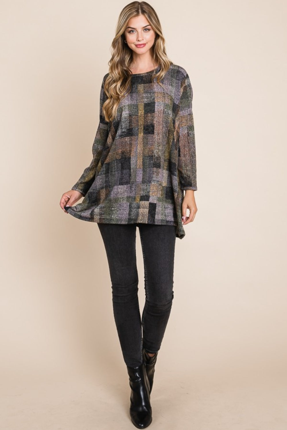 BOMBOM Plaid Round Neck Long Sleeve Top  Trendsi   