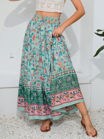 Bohemian Print Smocked Waist Maxi Skirt