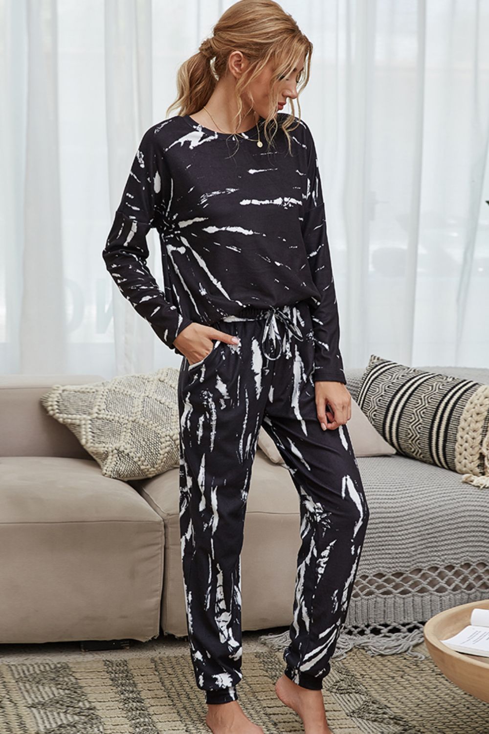 Shiny Tie-Dye Round Neck Top and Drawstring Waist Joggers Lounge Set