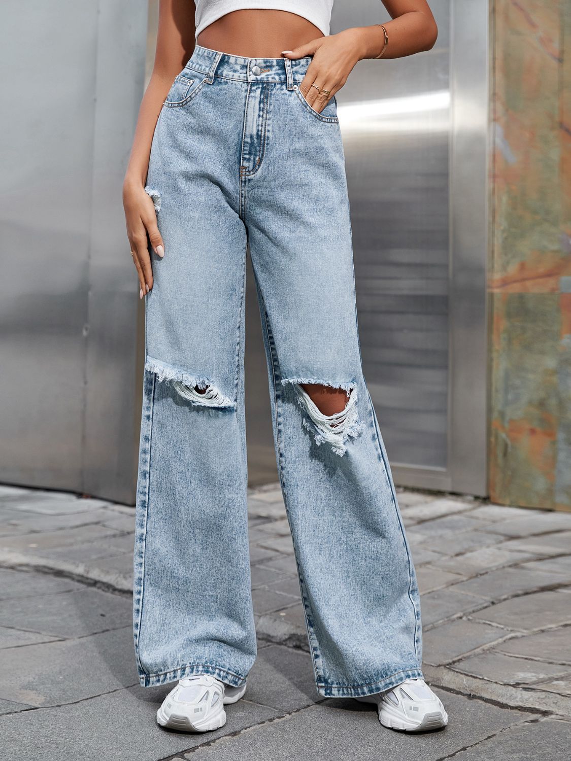 Distressed Wide Leg Jeans with Pockets  Trendsi Light XS 