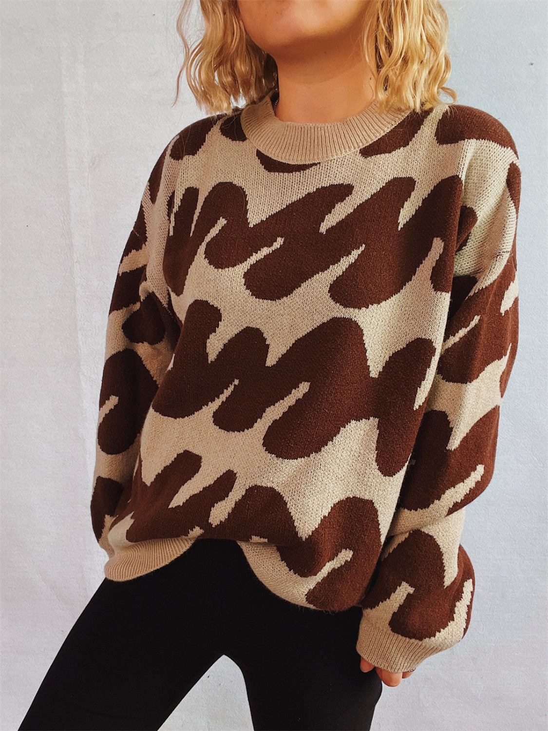 Contrast Round Neck Long Sleeve Sweater  Trendsi Dark Brown One Size 