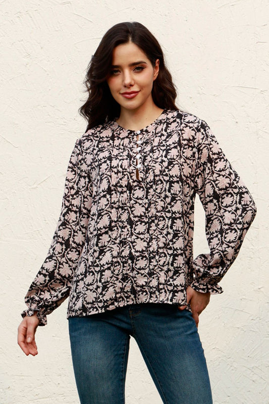 Floral Flounce Sleeve Round Neck Blouse Blouse Trendsi Black S 