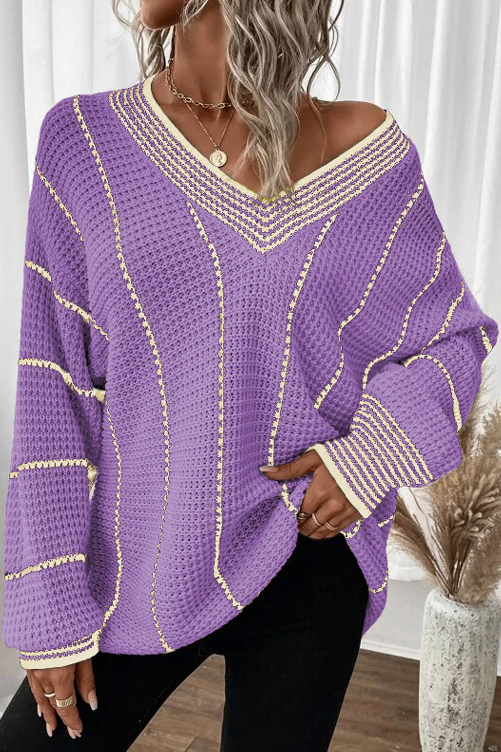 Striped V-Neck Dropped Shoulder Sweater  Trendsi Lavender S 