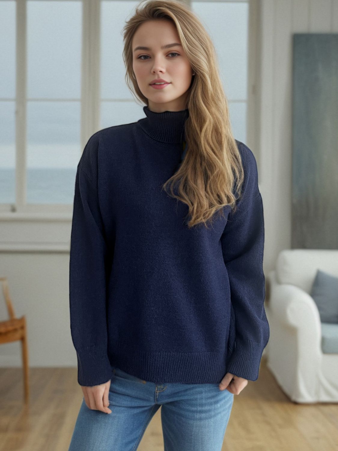 Turtleneck Dropped Shoulder Long Sleeve Sweater