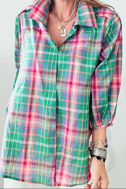 Plaid Collared Neck Three-Quarter Sleeve Blouse Blouse Trendsi   